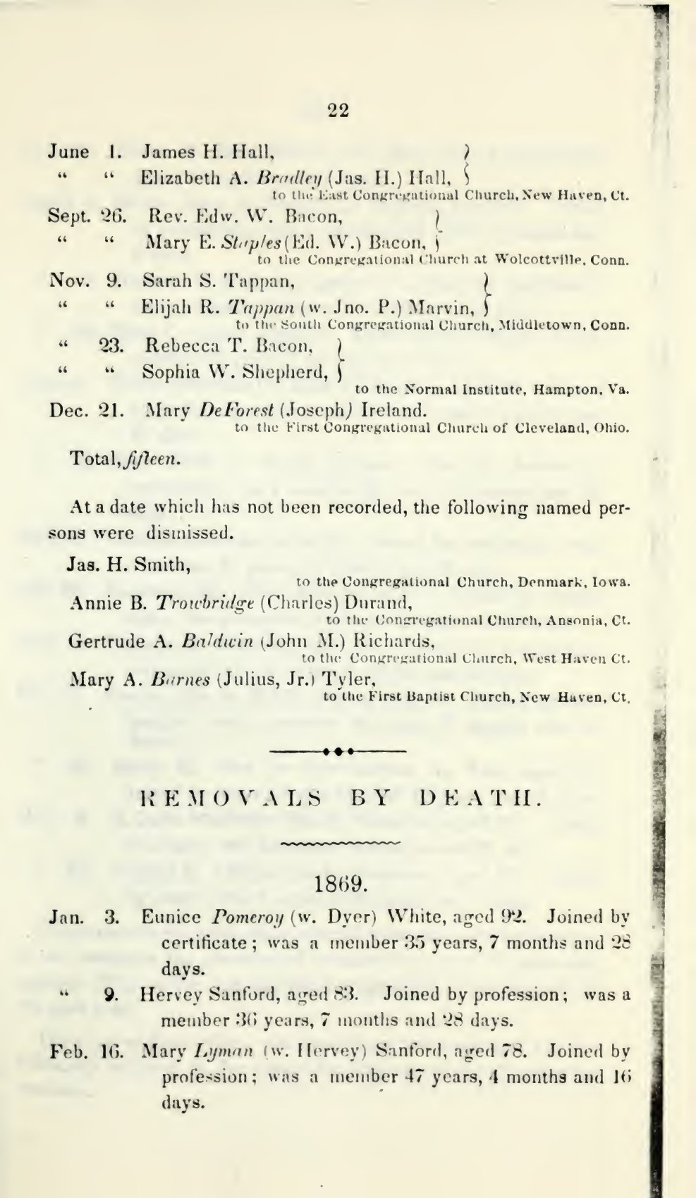 Center Church’s printed 1869 death list, beginning at the bottom of page 22