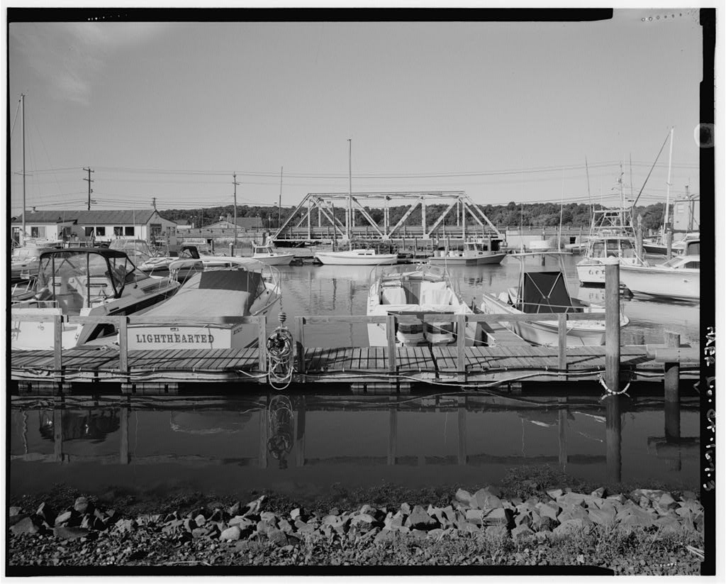 View looking north across marina - Singing Bridge, U.S. Route 1, over Patchogue River, Westbrook, Middlesex County, CT · 1997