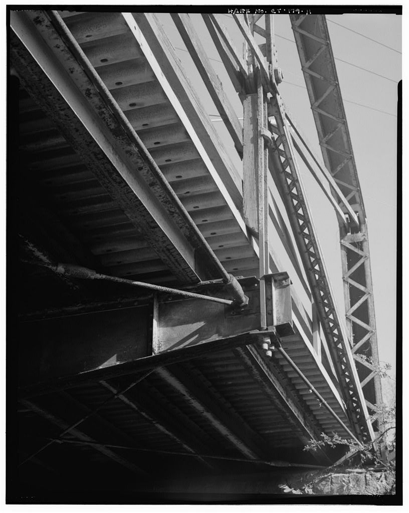 View east, lower joint, with hanger for floor beam, and end-panel diagonal stiffner