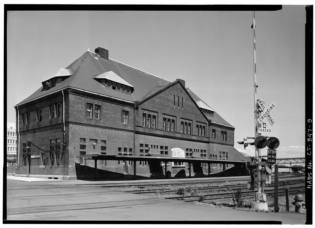 General view of west facade (left) and south track-side facade (right)