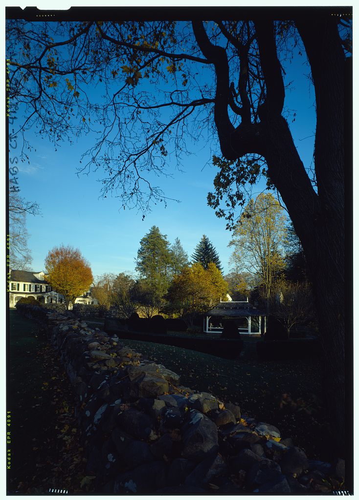 General view in color of Sunken Garden and Pope-Riddle house from southwest along carriage drive. - Hill-Stead, 35…