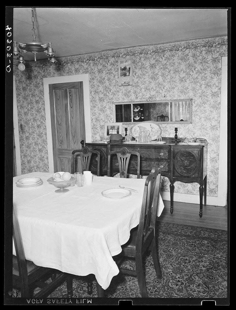 Rockville, Tolland County, Connecticut. The dining room in the house on the farm of John Schneider. Mr. Schnieder…