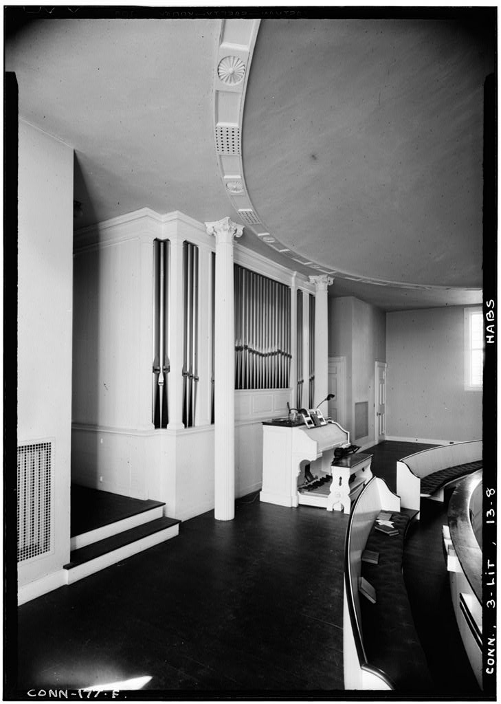 Interior, east end of balcony, showing columns and organ