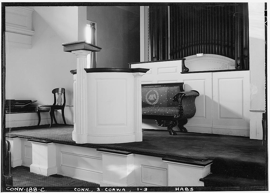 Interior, detail of pulpit and choir screen