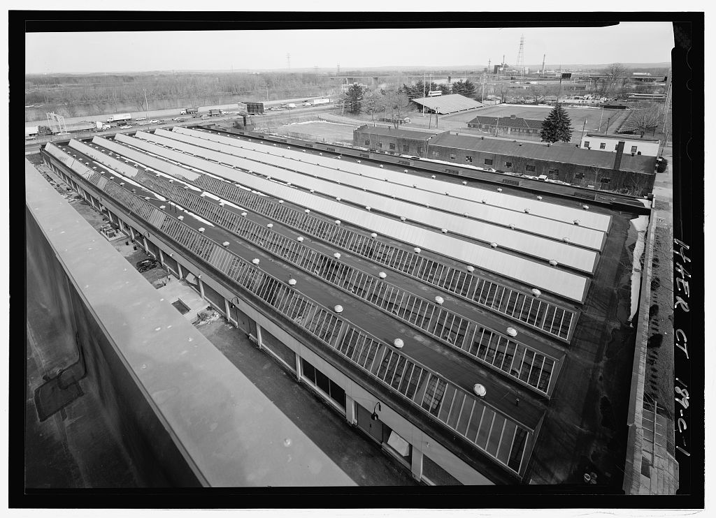 ROOF OF MACHINE SHOP BUILDING FROM ROOF OF SOUTH ARMORY. - Colt Fire Arms Company, Machine Shop, 36-150 Huyshope…